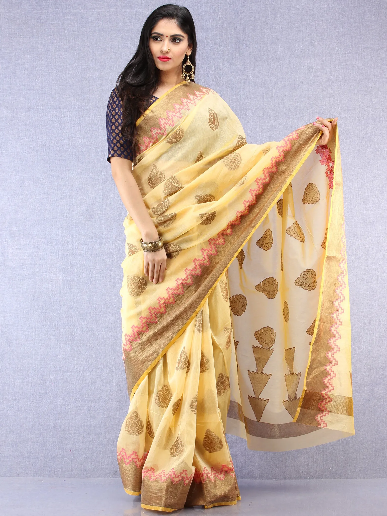 Banarasee Cotton Silk Saree With Zari Work - Ivory Pink & Gold - S031704435