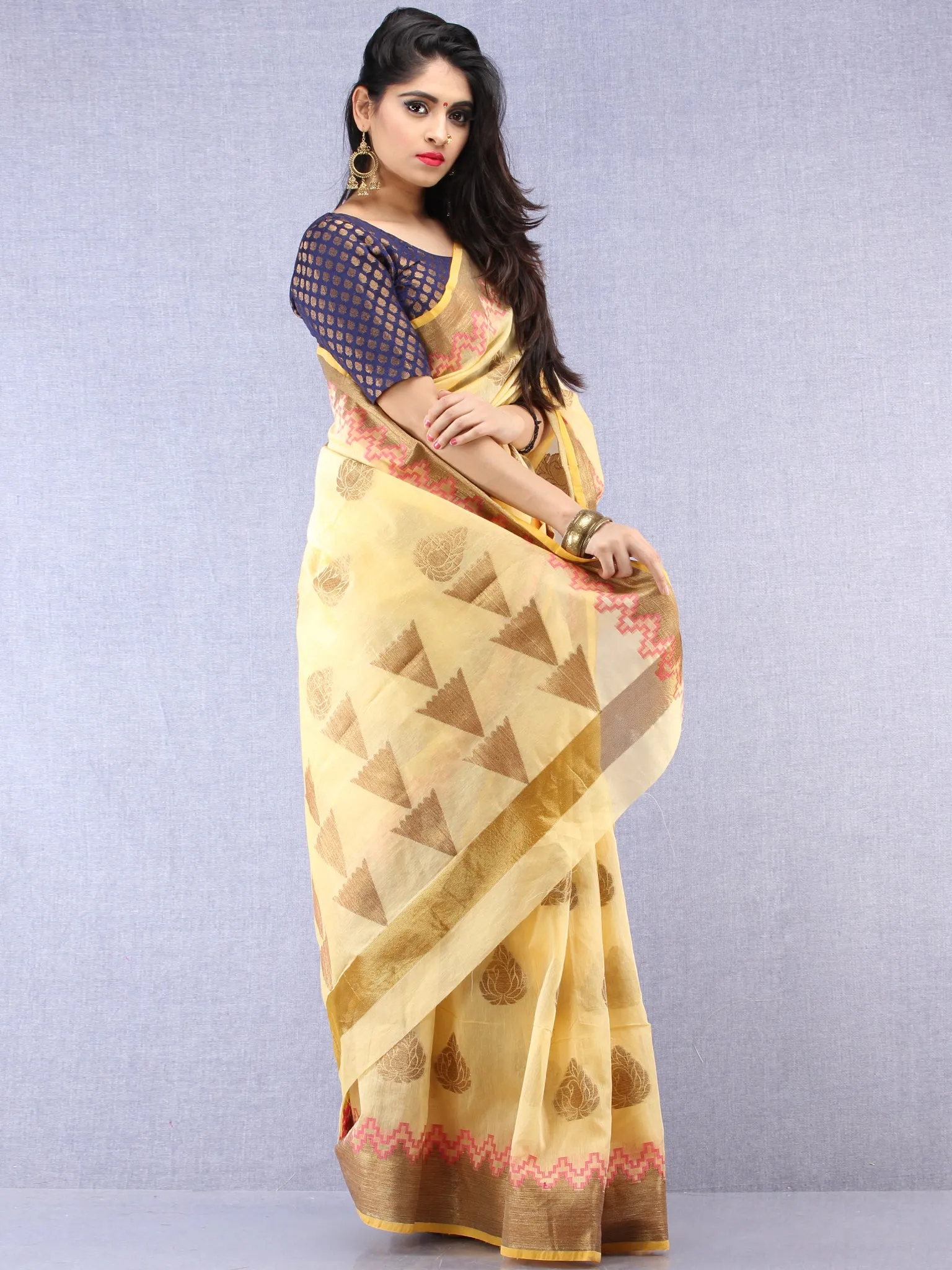 Banarasee Cotton Silk Saree With Zari Work - Ivory Pink & Gold - S031704435