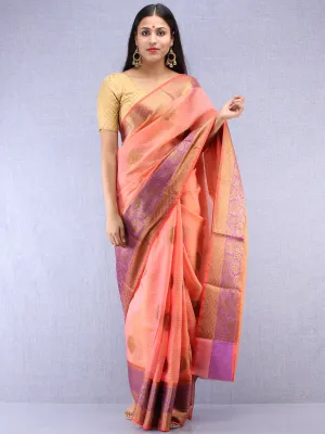 Banarasee Cotton Silk Saree With Zari Work - Peach Gold & Purple - S031704408