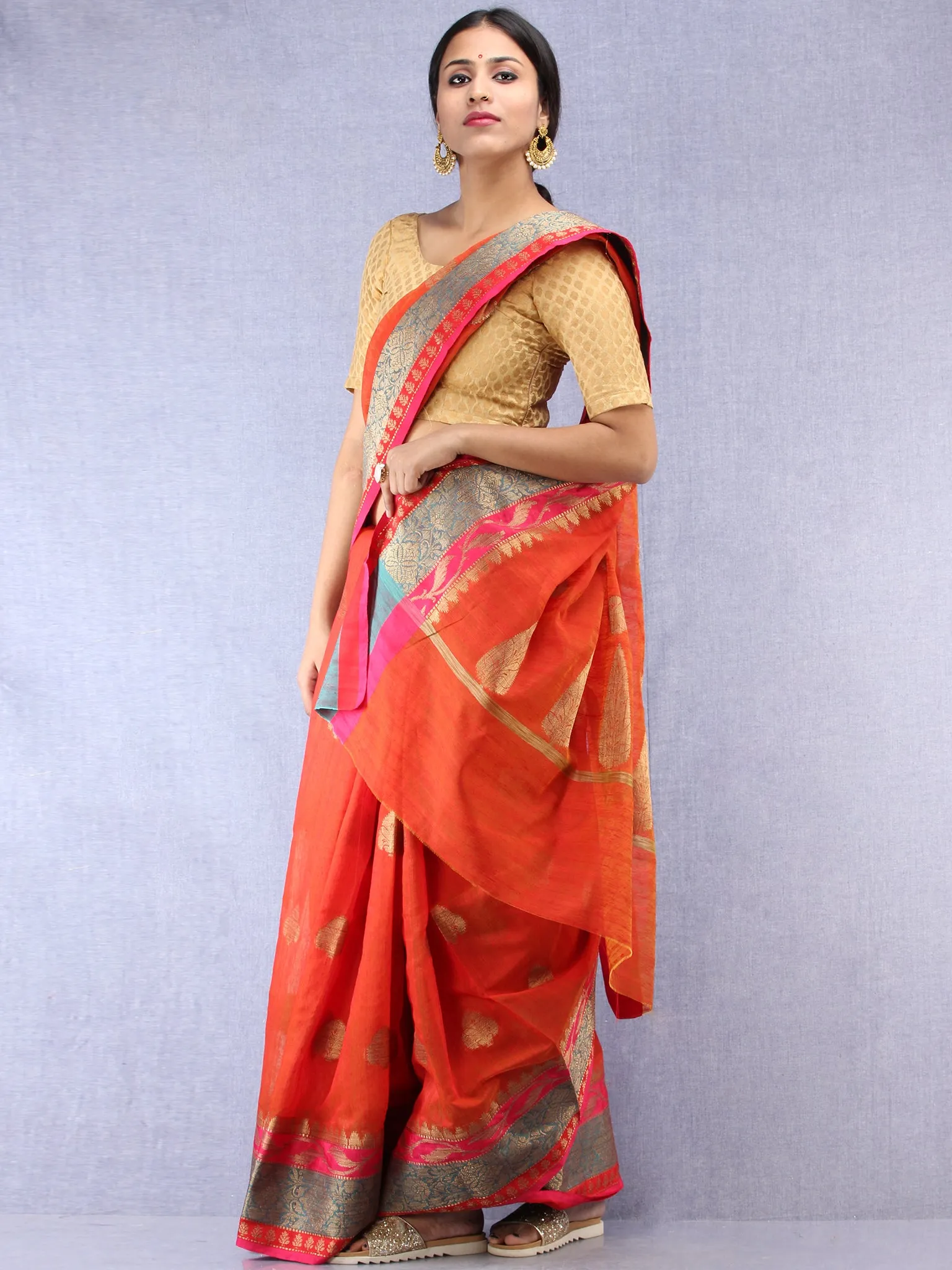Banarasee Cotton Silk Saree With Zari Work - Rustic Red Blue & Gold - S031704438