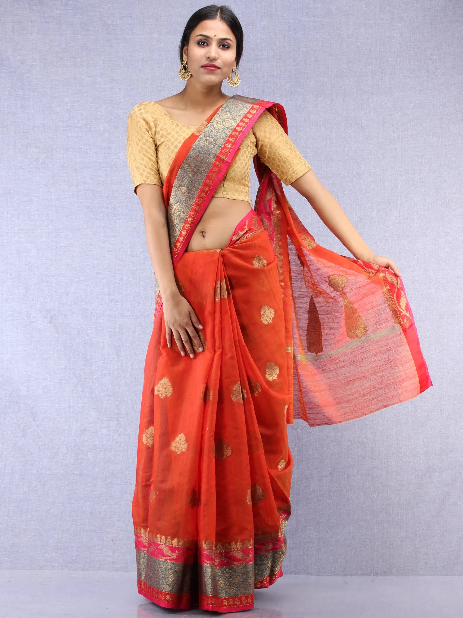 Banarasee Cotton Silk Saree With Zari Work - Rustic Red Blue & Gold - S031704438