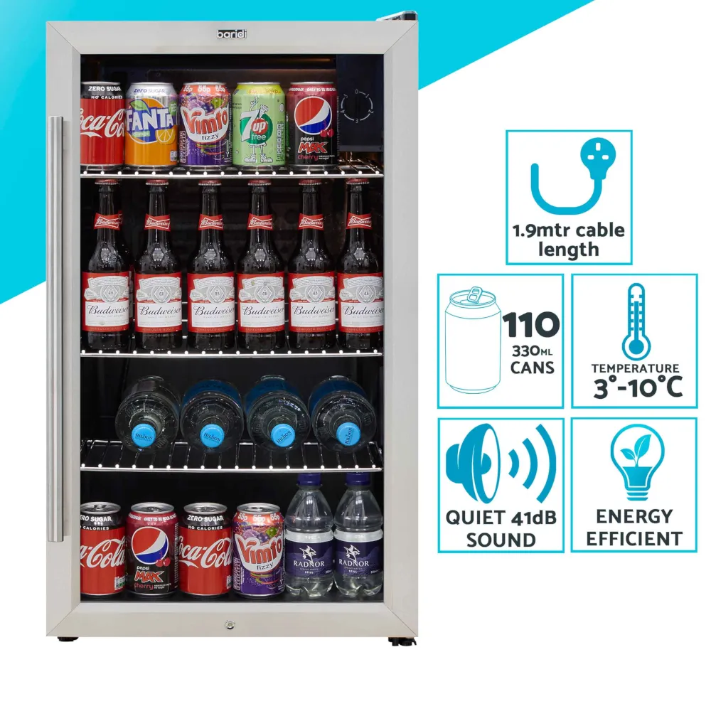 Baridi 85L Drinks, Beer & Wine Fridge with LED Light - Stainless Steel - A
