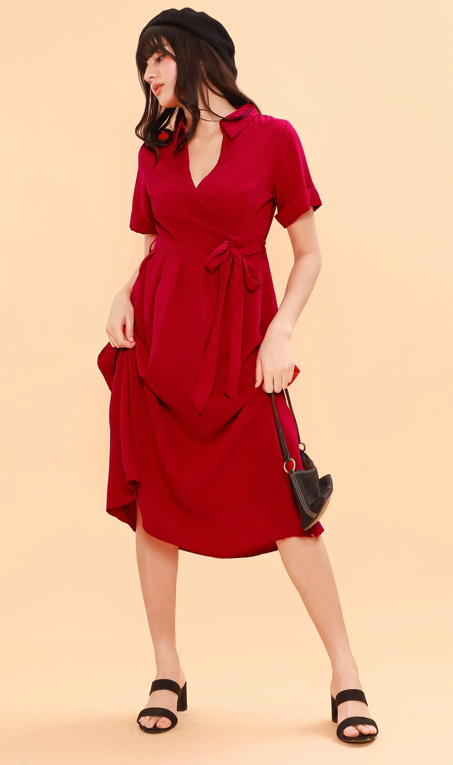 BEATRIX Collared Surplice Dress (Scarlet)