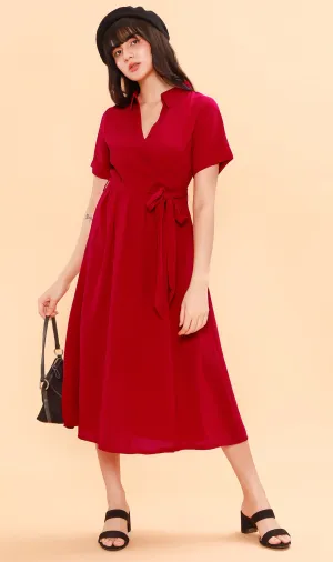 BEATRIX Collared Surplice Dress (Scarlet)