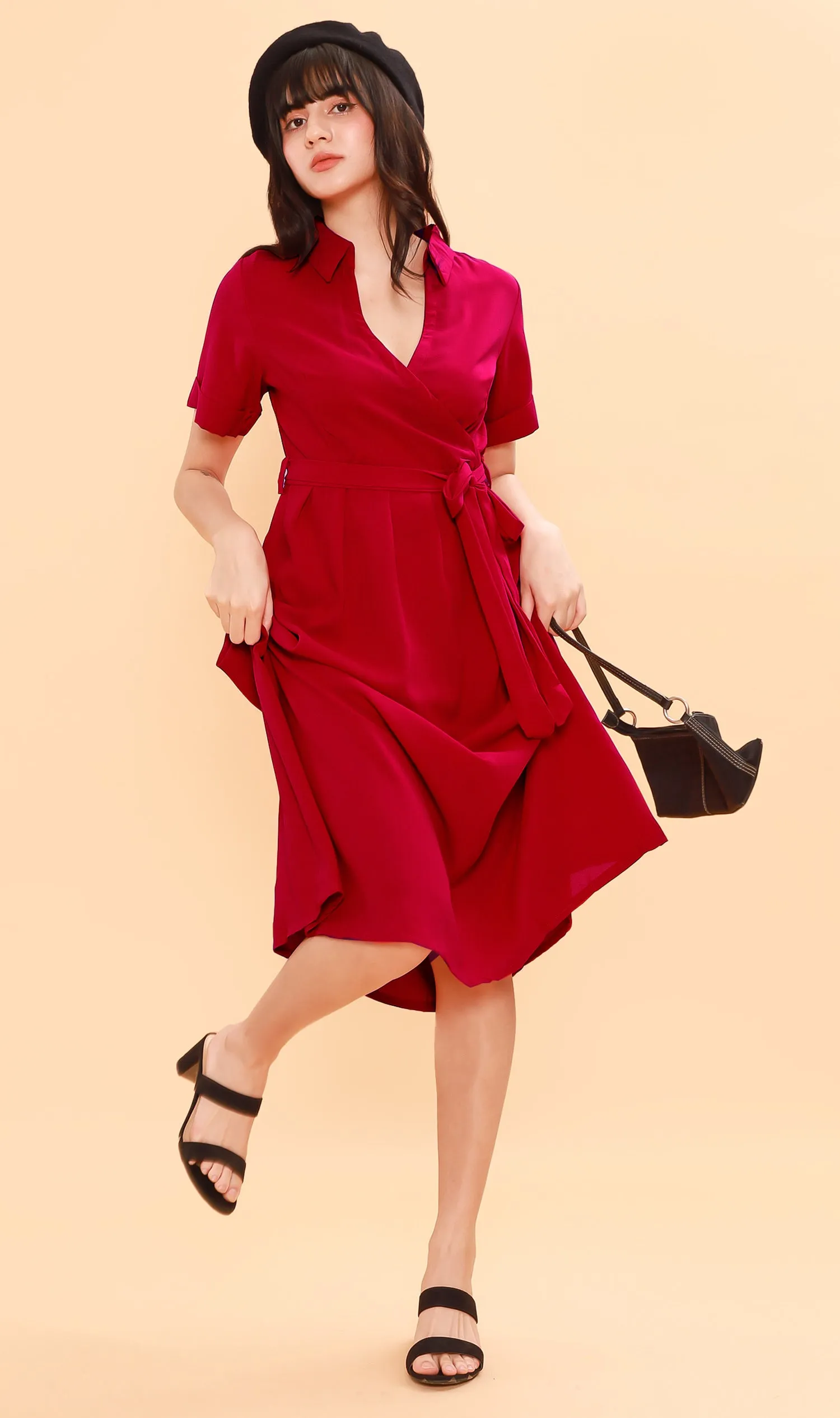 BEATRIX Collared Surplice Dress (Scarlet)