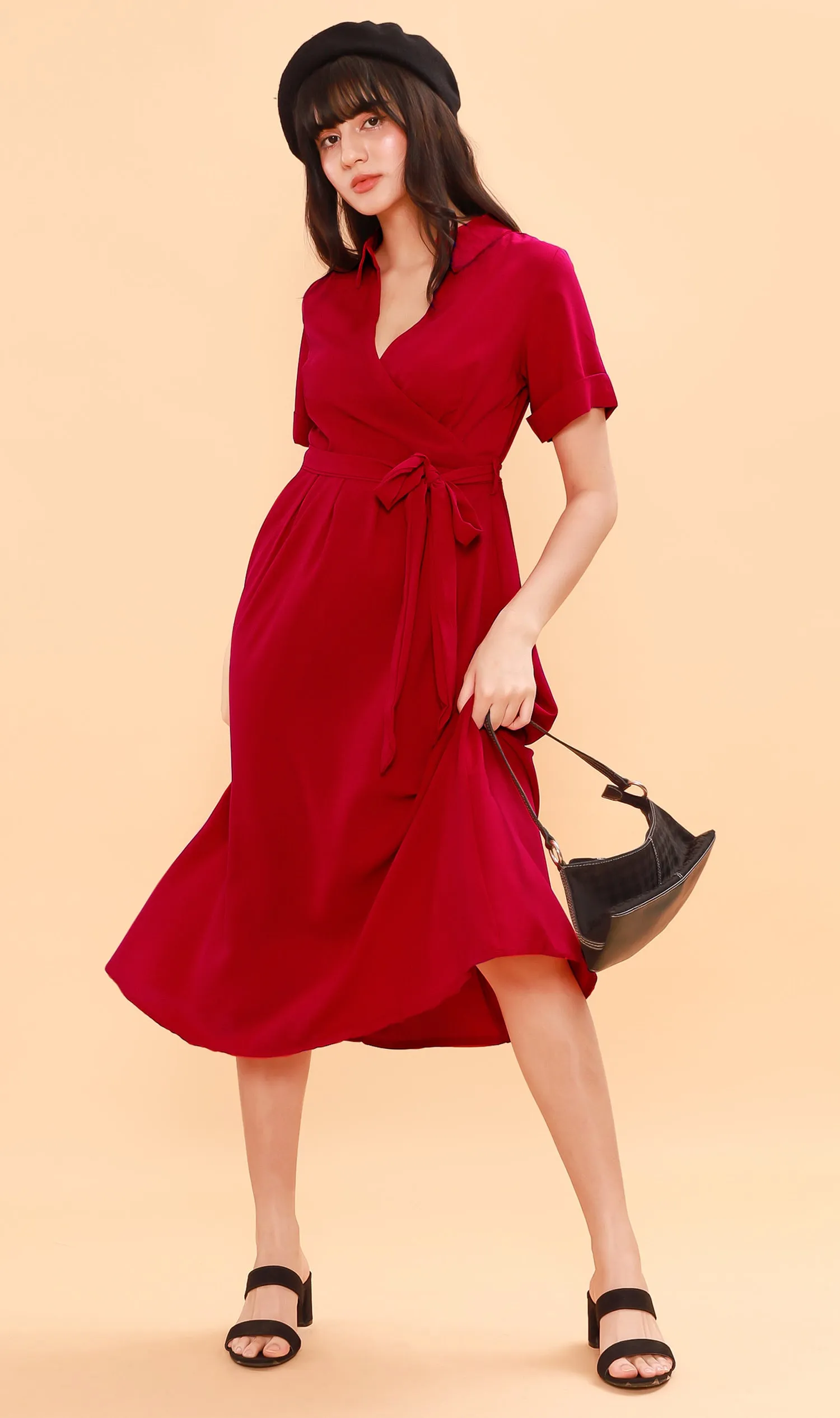 BEATRIX Collared Surplice Dress (Scarlet)