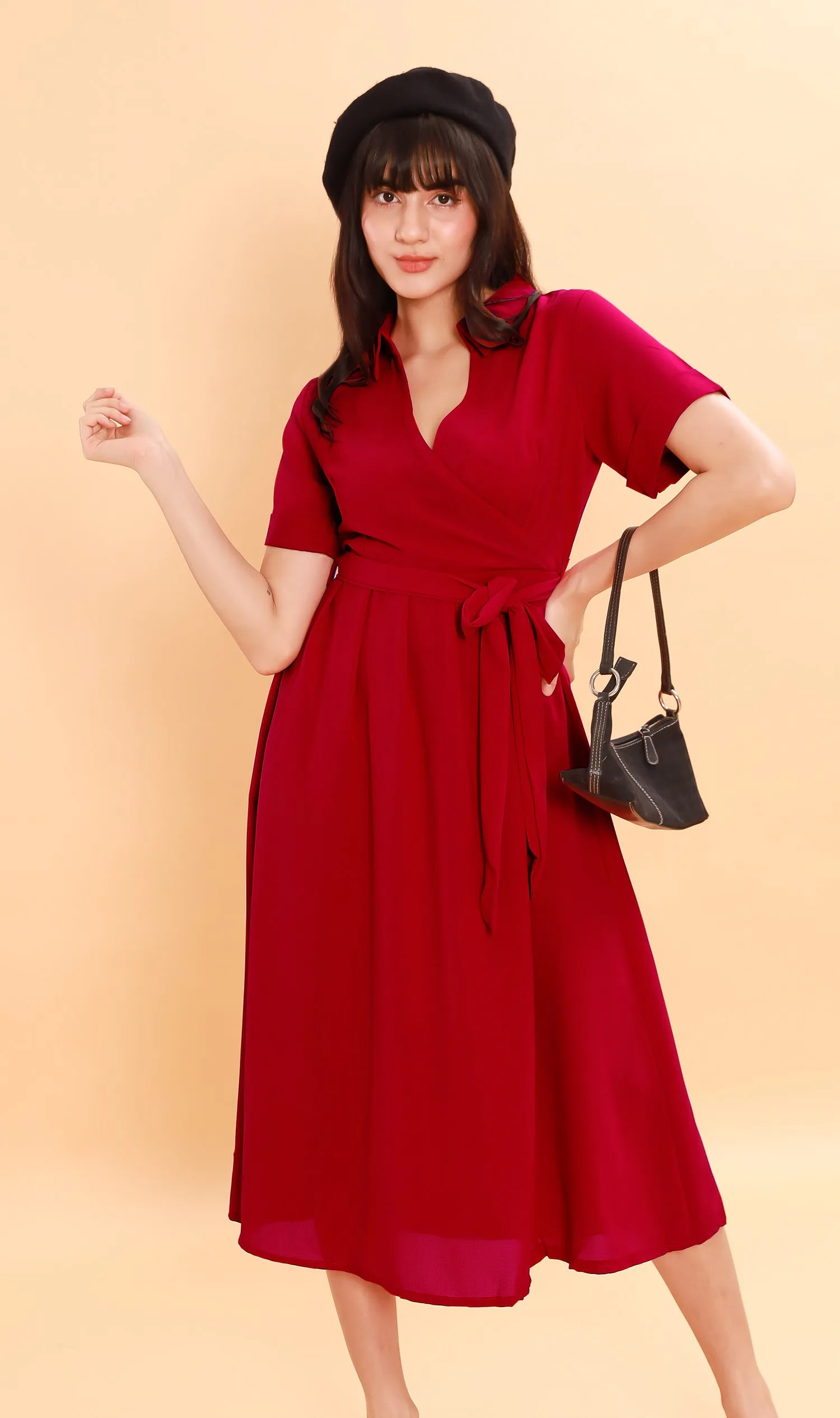 BEATRIX Collared Surplice Dress (Scarlet)
