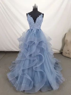 Beautiful Blue Straps Tulle Layers Long Party Dresses, Blue Evening Dresses