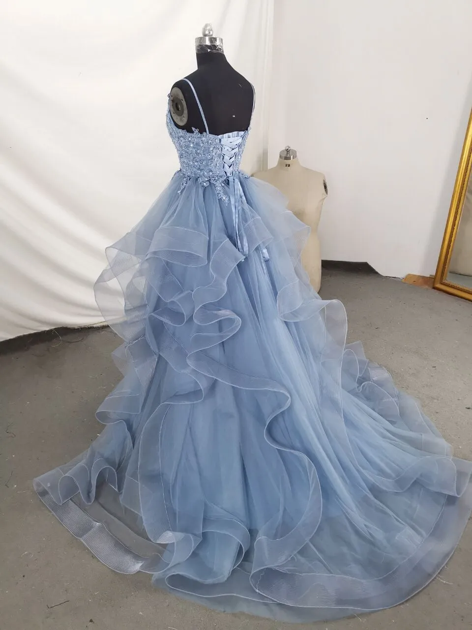 Beautiful Blue Straps Tulle Layers Long Party Dresses, Blue Evening Dresses