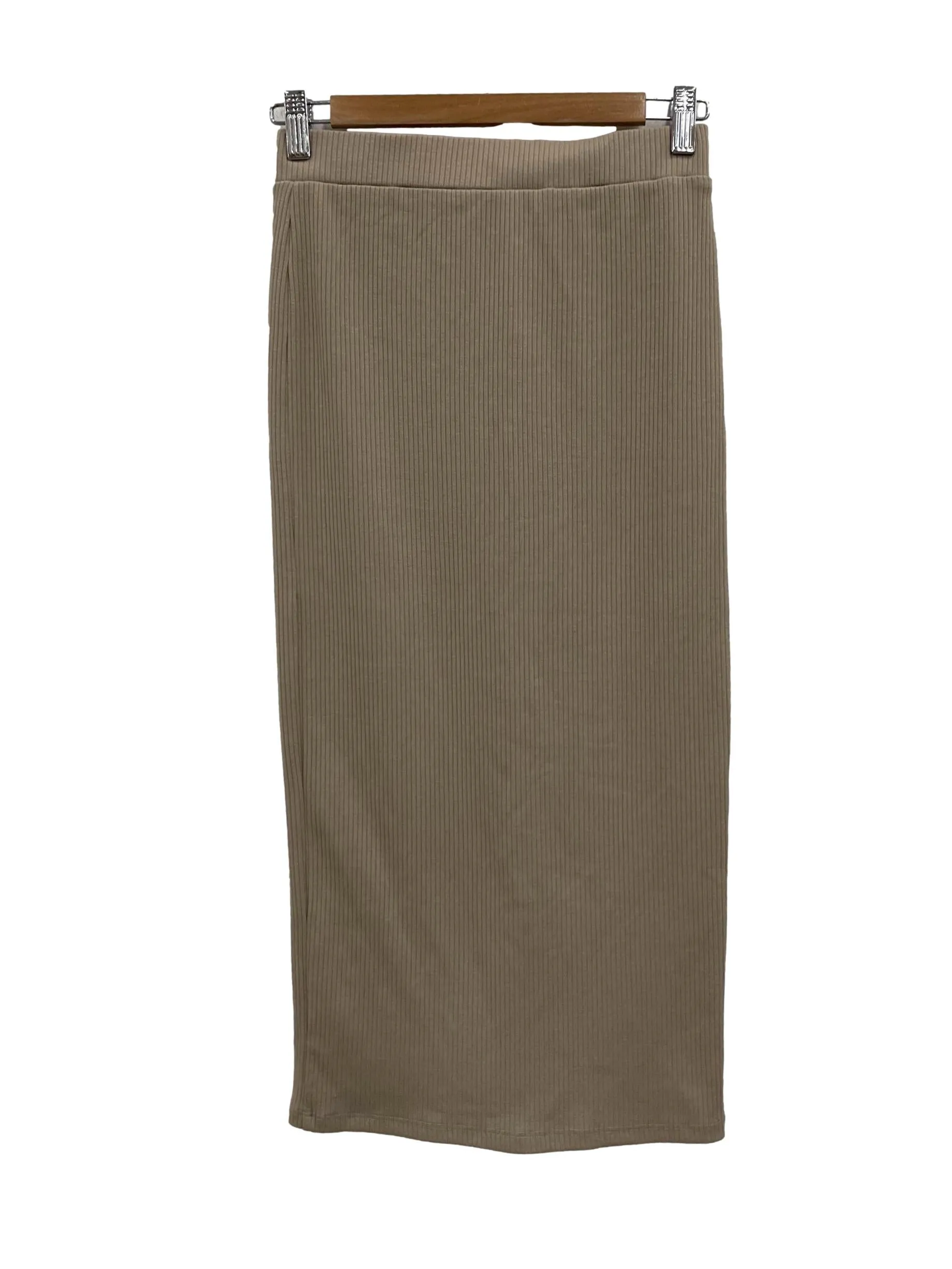 Beige Button Down Ribbed Midi Skirt