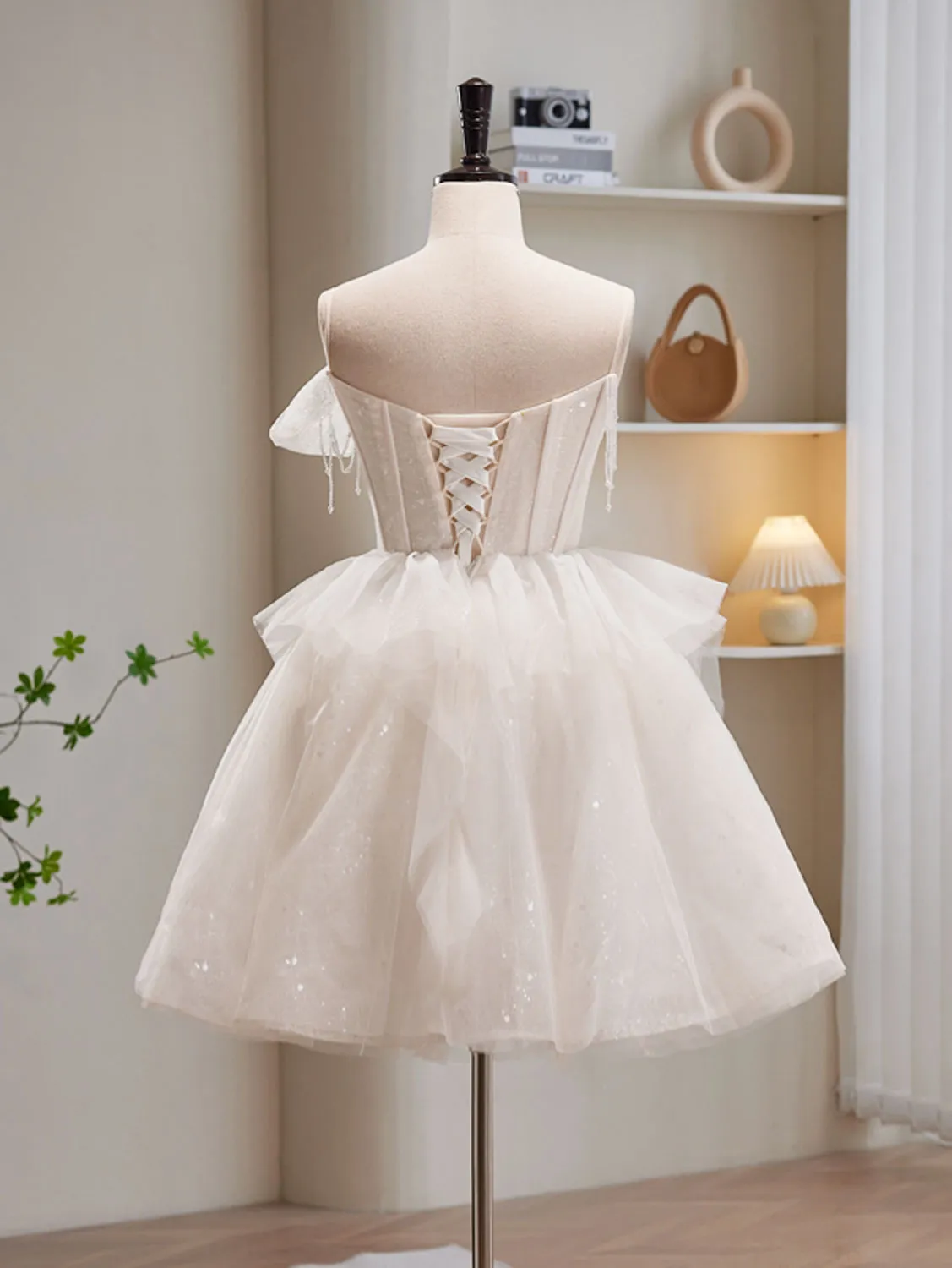 Beige Tulle Sequin Short Prom Dress, Beige Homecoming Dress