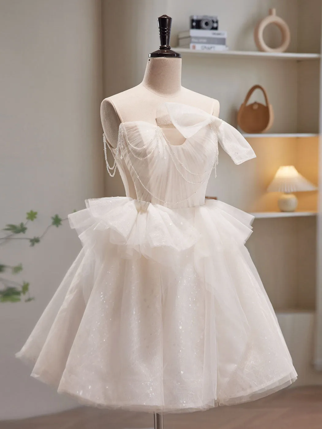 Beige Tulle Sequin Short Prom Dress, Beige Homecoming Dress