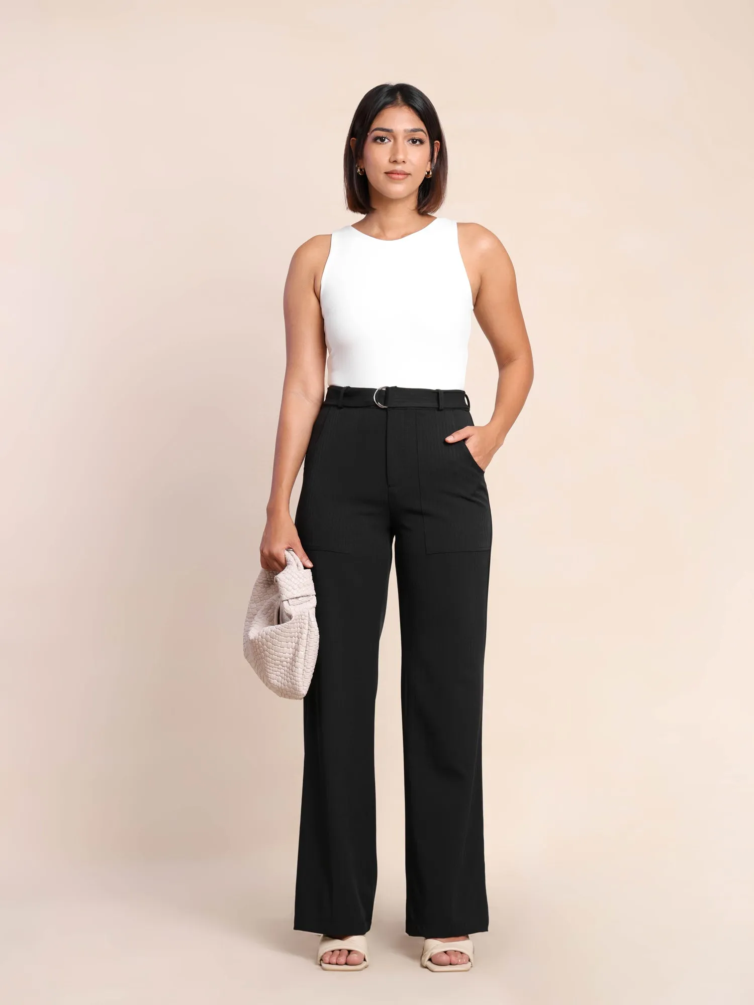 Belt Detailed Textured Straight Leg Pant