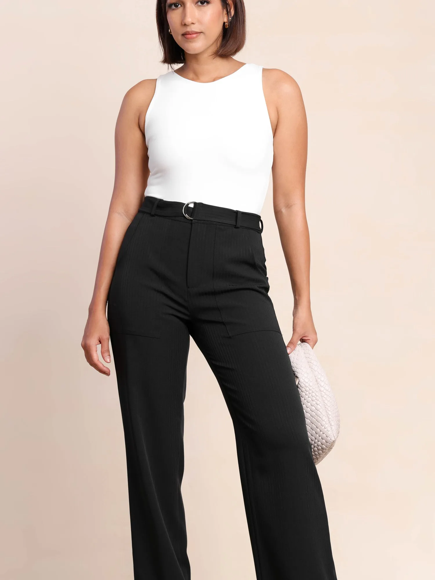 Belt Detailed Textured Straight Leg Pant