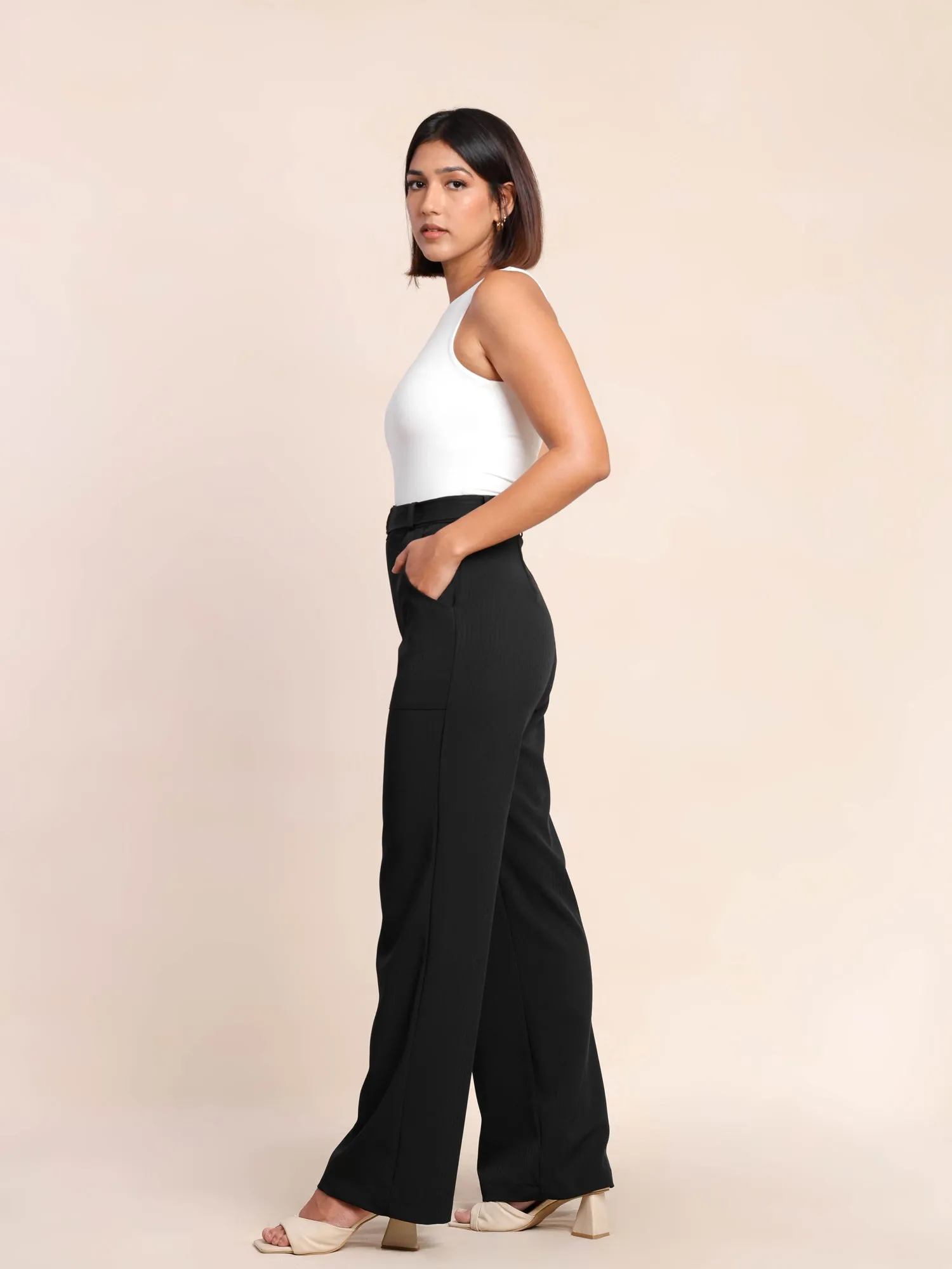 Belt Detailed Textured Straight Leg Pant
