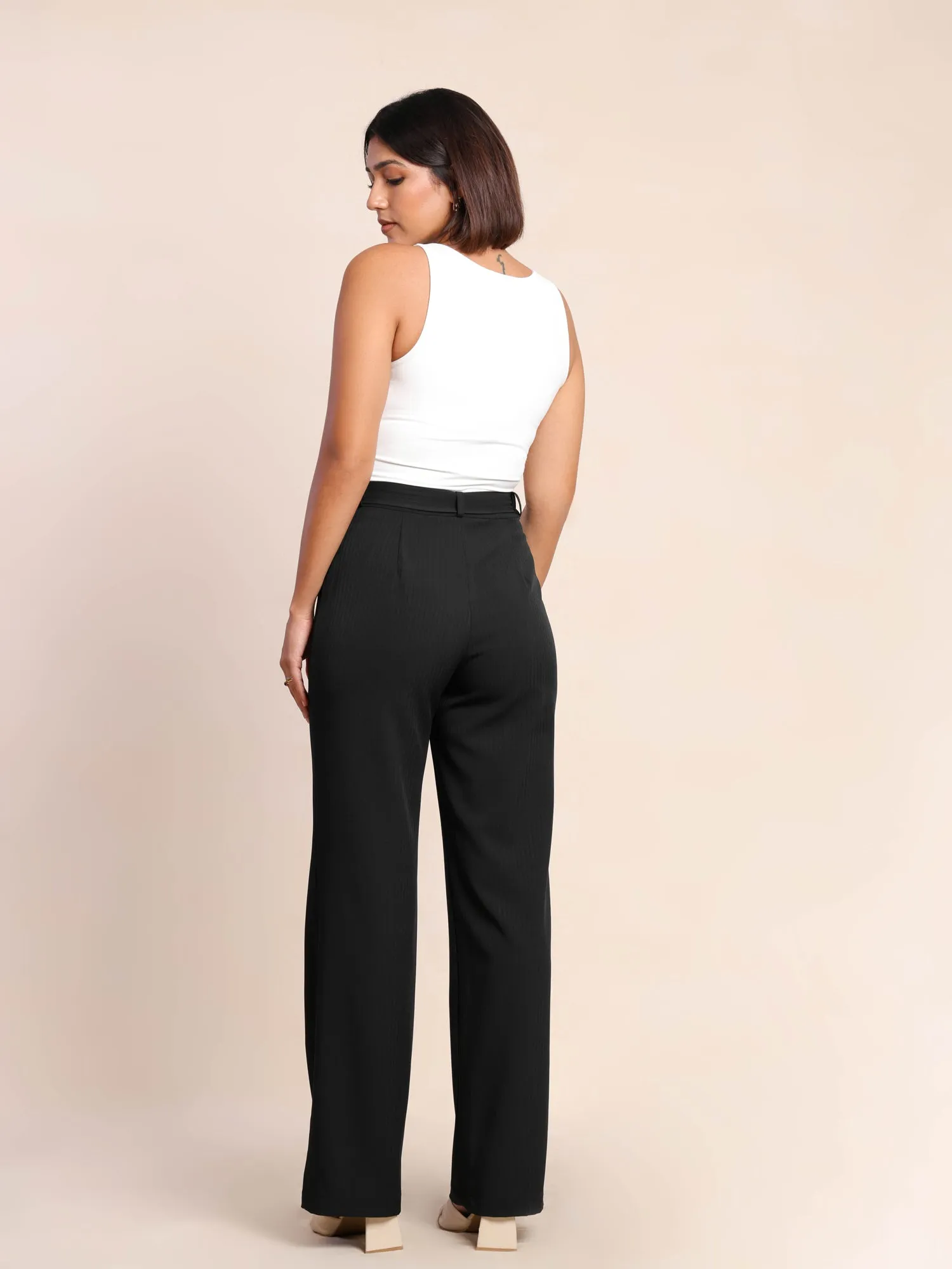 Belt Detailed Textured Straight Leg Pant