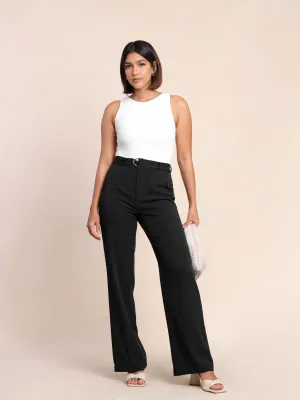 Belt Detailed Textured Straight Leg Pant