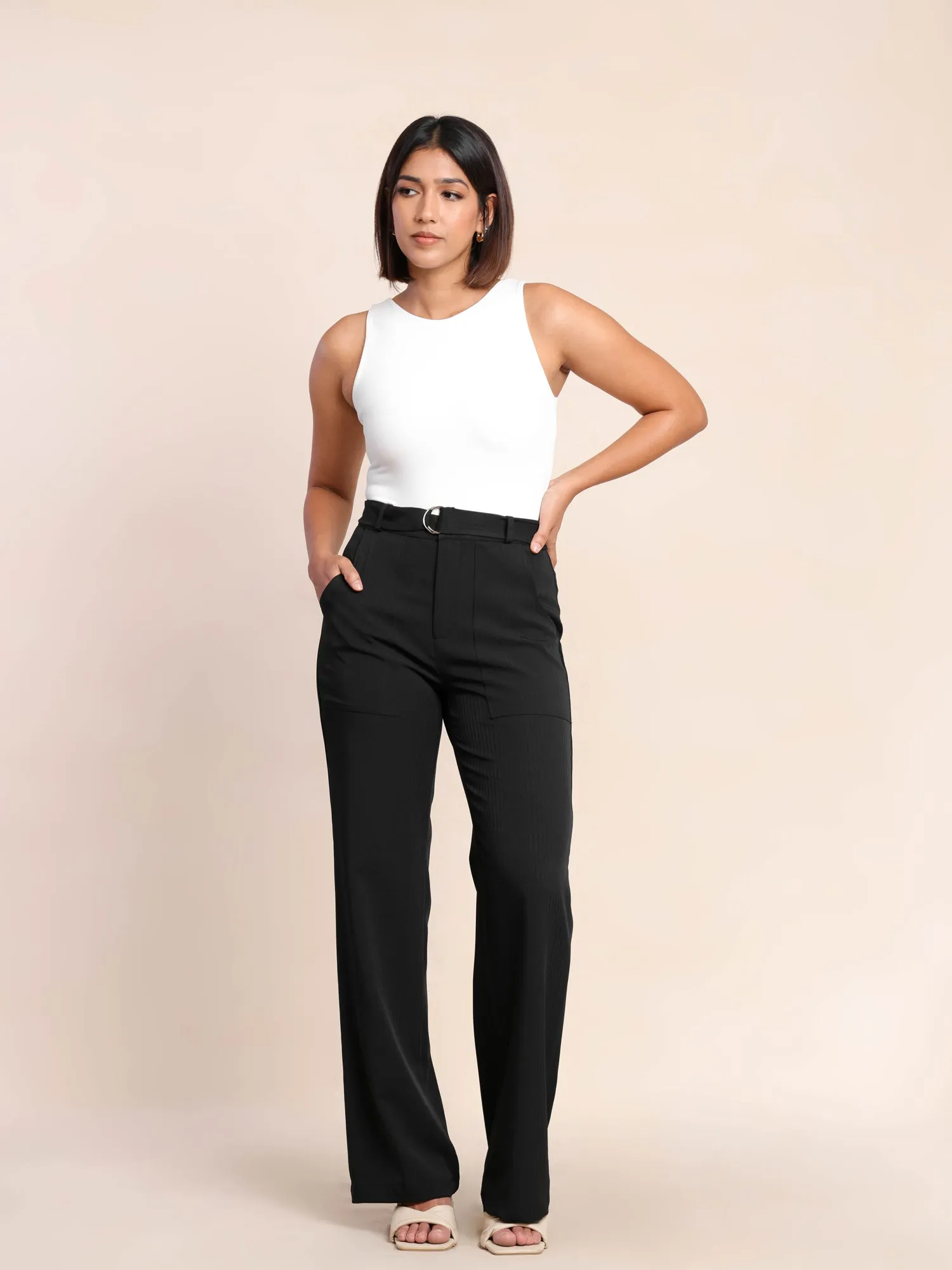 Belt Detailed Textured Straight Leg Pant