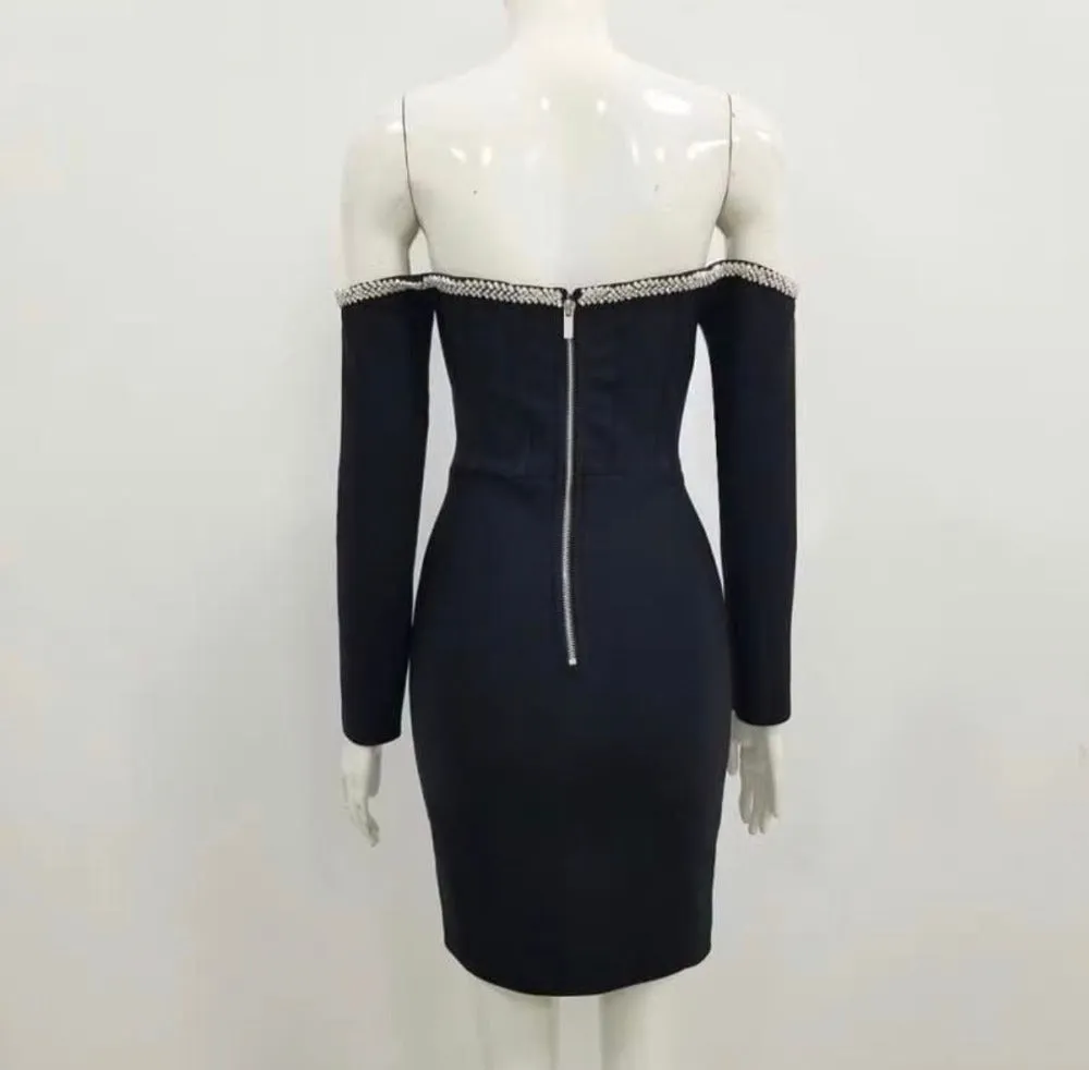 Black Off The Shoulder Long Sleeve Rayon Bandage Dress