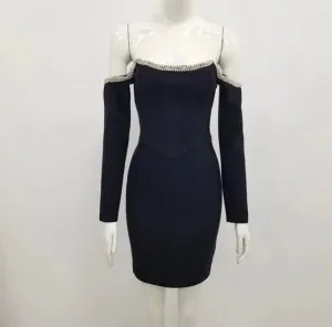 Black Off The Shoulder Long Sleeve Rayon Bandage Dress