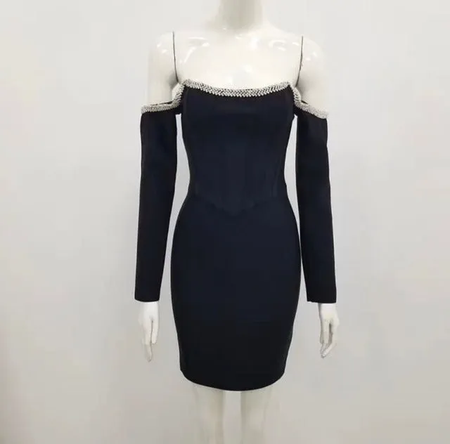 Black Off The Shoulder Long Sleeve Rayon Bandage Dress