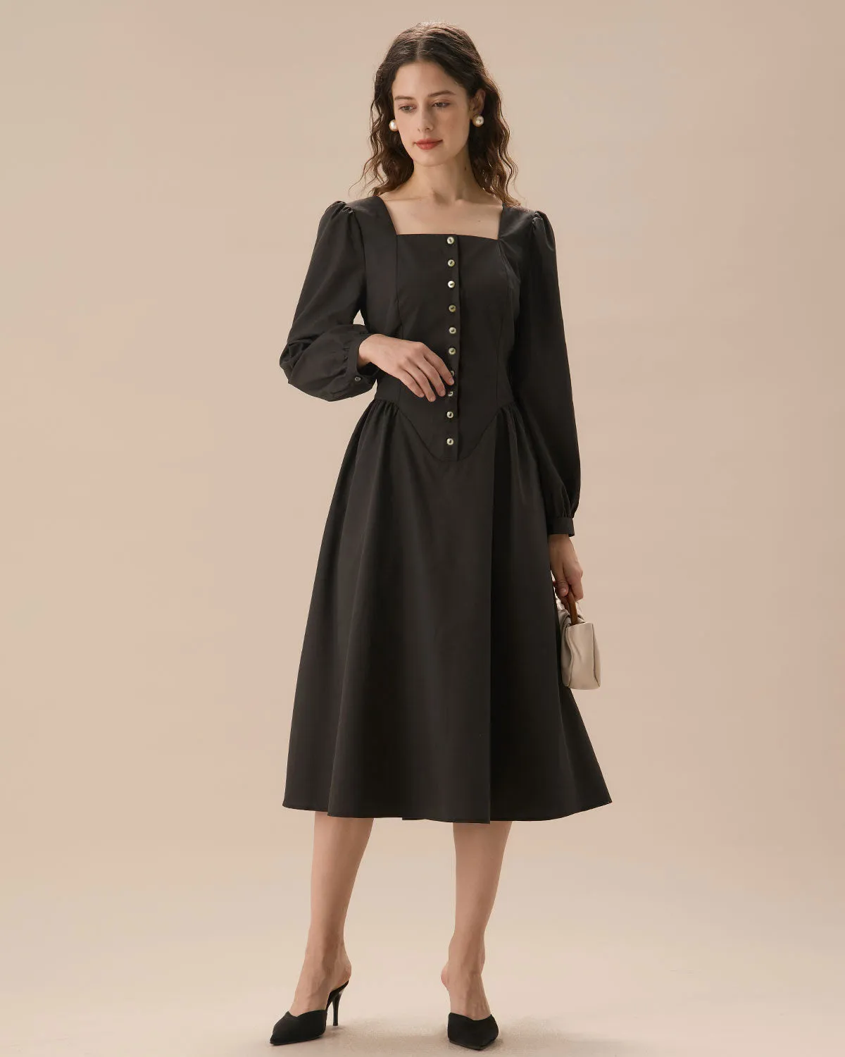 Black Square Neck Puffed Sleeve Midi Dress