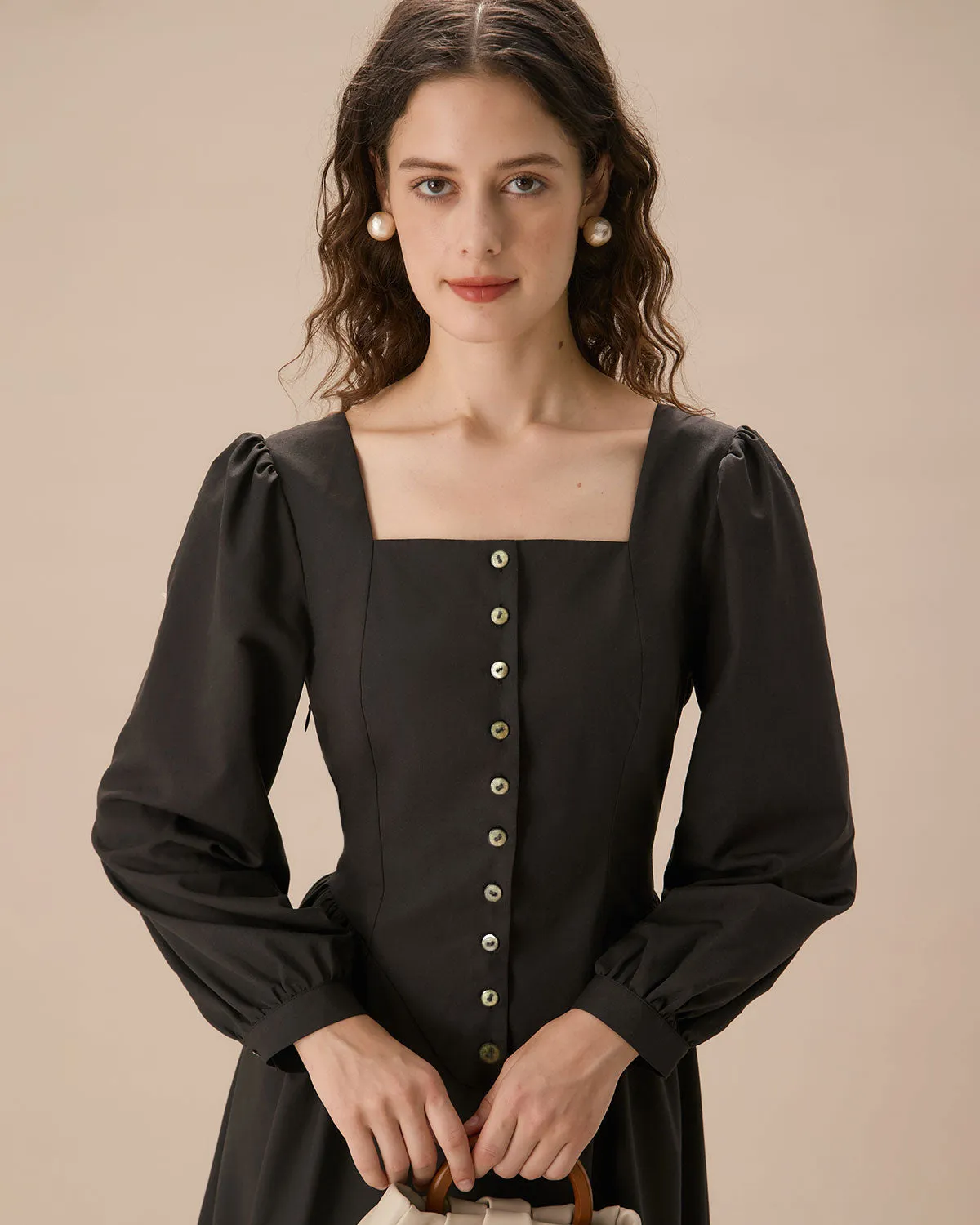 Black Square Neck Puffed Sleeve Midi Dress