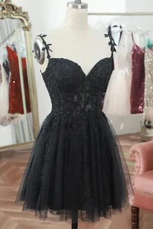 Black Tulle A-line Spaghetti Straps Sweetheart Lace Homecoming Dress, MH654