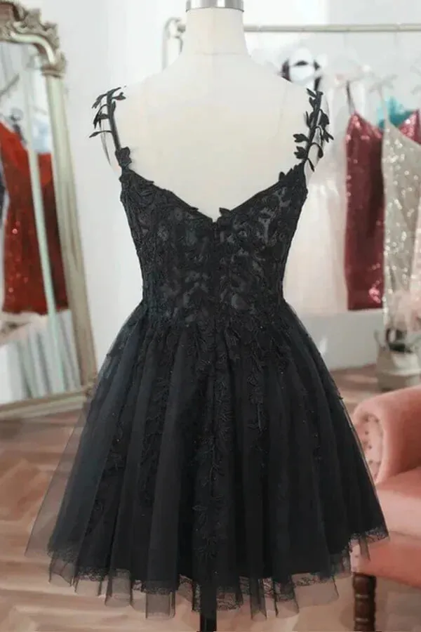 Black Tulle A-line Spaghetti Straps Sweetheart Lace Homecoming Dress, MH654