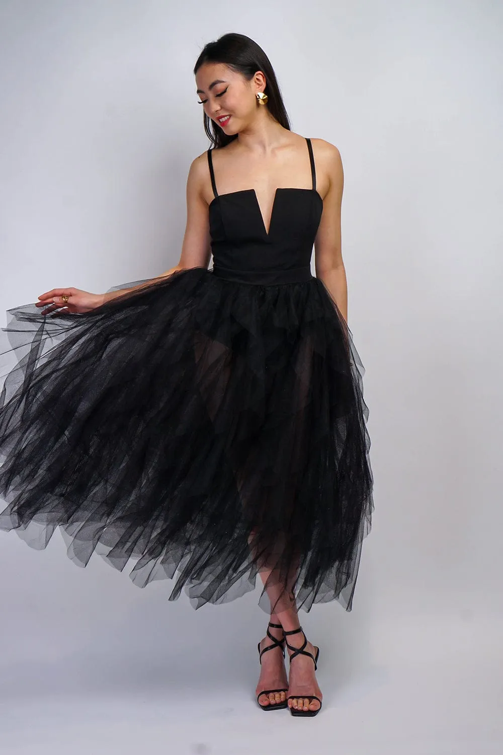 Black V Ruffle Tulle Dress