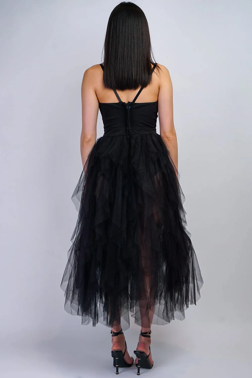 Black V Ruffle Tulle Dress