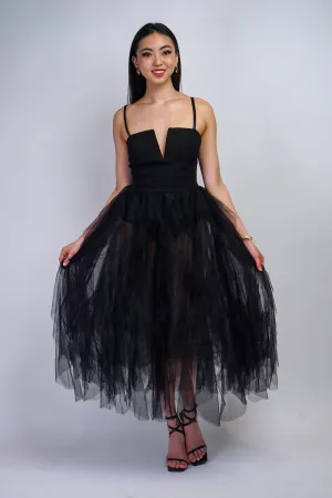 Black V Ruffle Tulle Dress