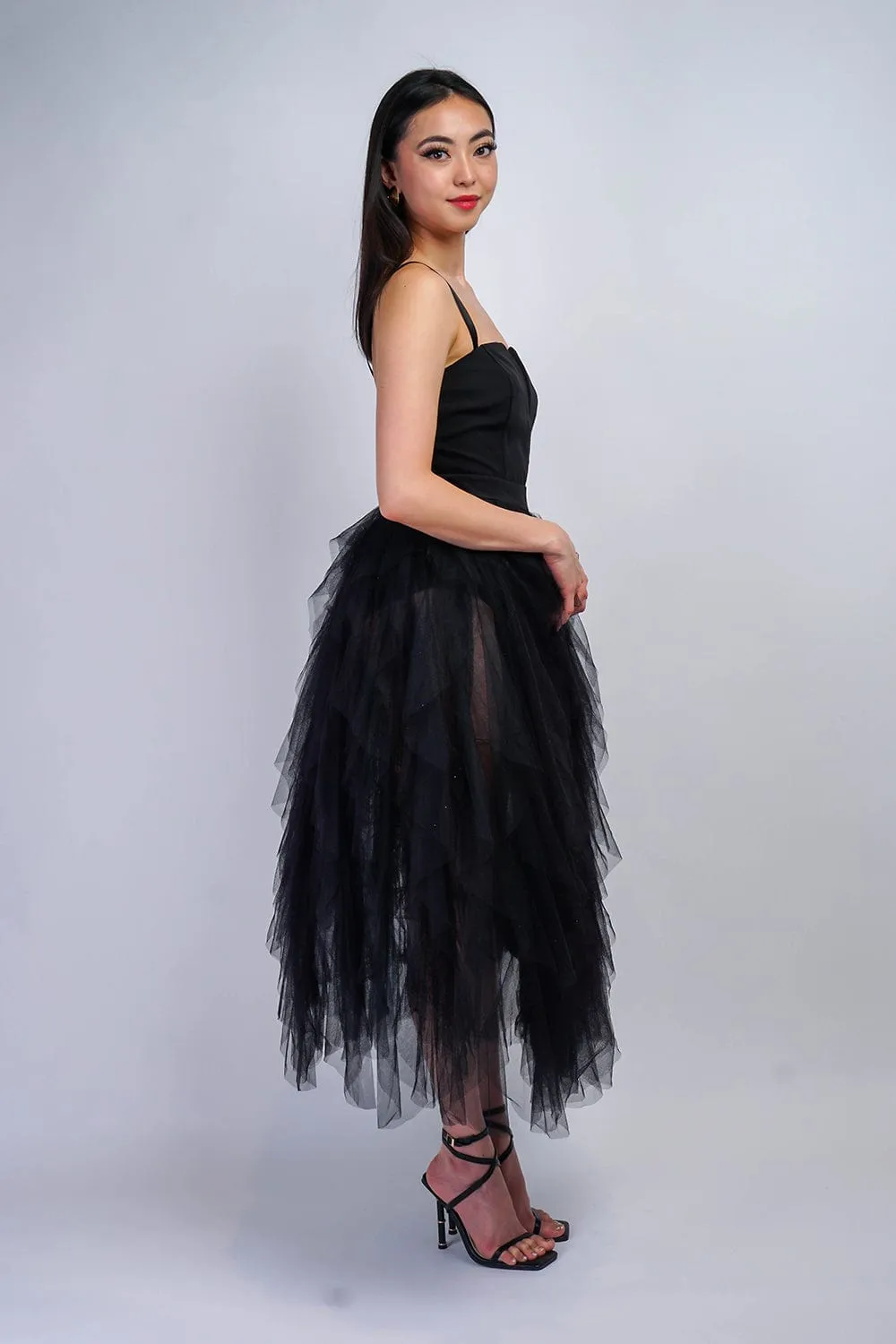 Black V Ruffle Tulle Dress