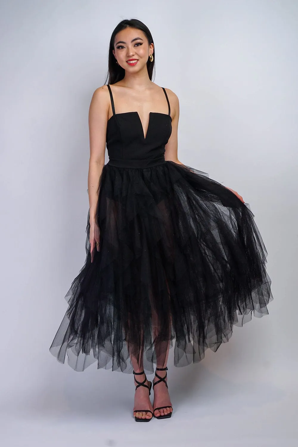 Black V Ruffle Tulle Dress