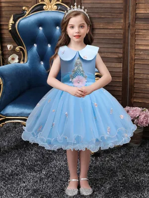 Blue Jewel Neck Sleeveless Bows Tulle Polyester Cotton Flowers Kids Social Party Dresses