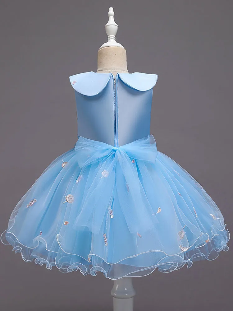 Blue Jewel Neck Sleeveless Bows Tulle Polyester Cotton Flowers Kids Social Party Dresses