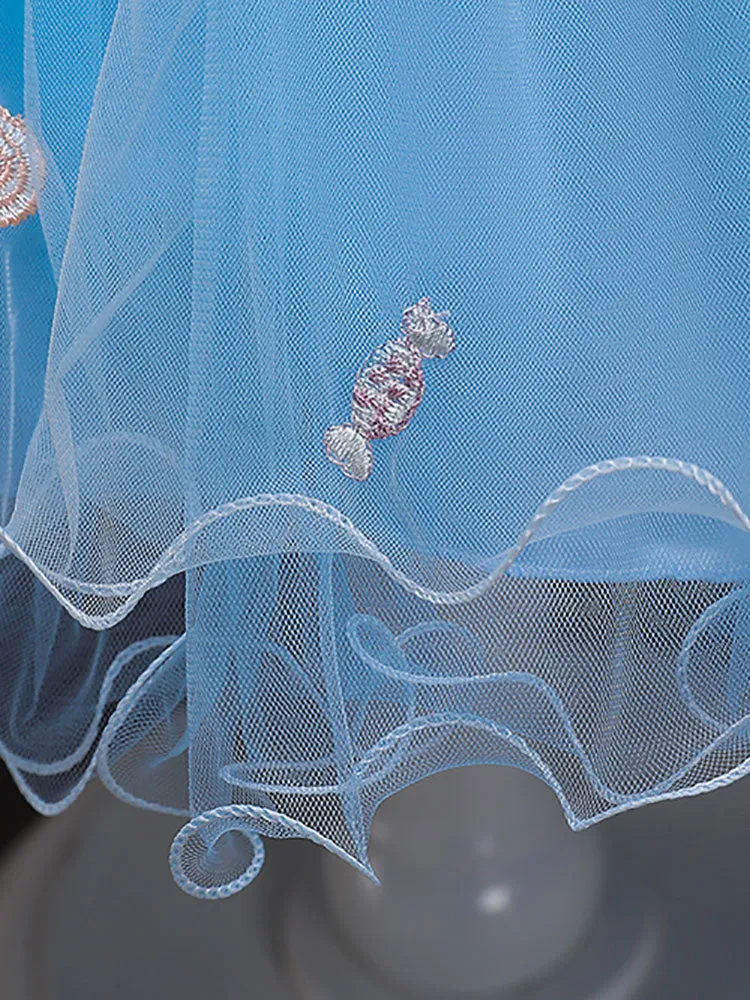 Blue Jewel Neck Sleeveless Bows Tulle Polyester Cotton Flowers Kids Social Party Dresses