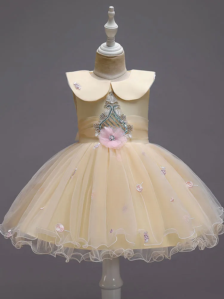 Blue Jewel Neck Sleeveless Bows Tulle Polyester Cotton Flowers Kids Social Party Dresses