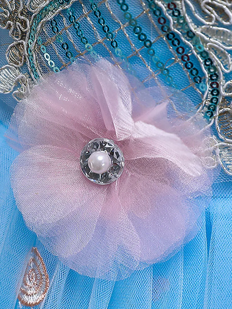 Blue Jewel Neck Sleeveless Bows Tulle Polyester Cotton Flowers Kids Social Party Dresses