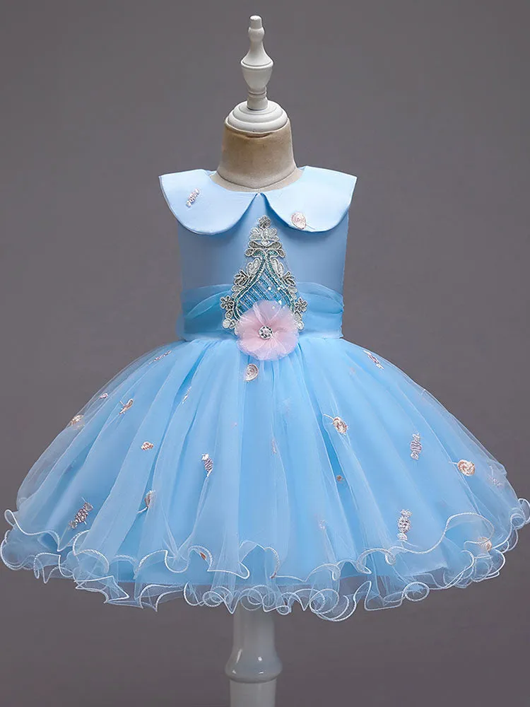 Blue Jewel Neck Sleeveless Bows Tulle Polyester Cotton Flowers Kids Social Party Dresses