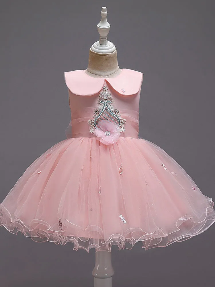 Blue Jewel Neck Sleeveless Bows Tulle Polyester Cotton Flowers Kids Social Party Dresses