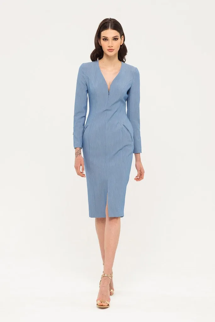 Blue Office Fitted V-neck 3/4 Sleeves Below Knee Dress with Pockets