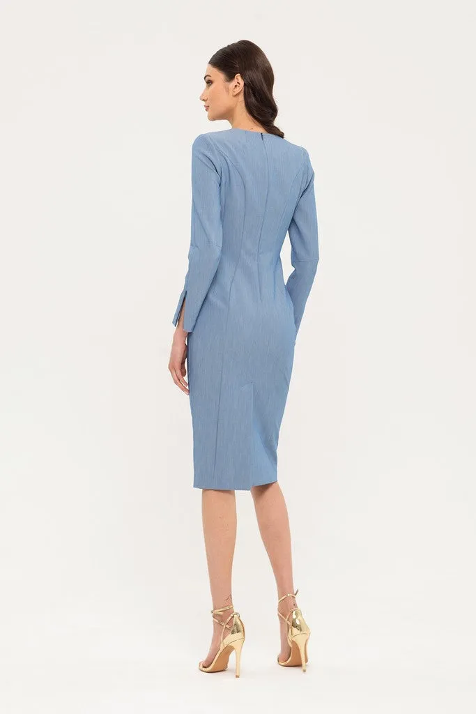 Blue Office Fitted V-neck 3/4 Sleeves Below Knee Dress with Pockets