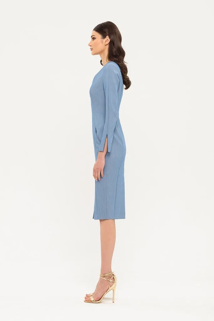 Blue Office Fitted V-neck 3/4 Sleeves Below Knee Dress with Pockets