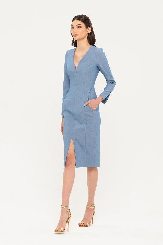 Blue Office Fitted V-neck 3/4 Sleeves Below Knee Dress with Pockets