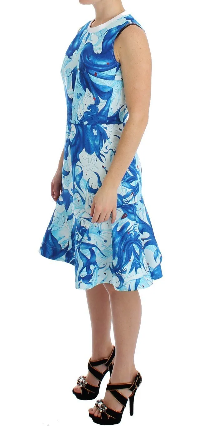 Blue Tempestuous Fresco-Print Fluted Hem Dress