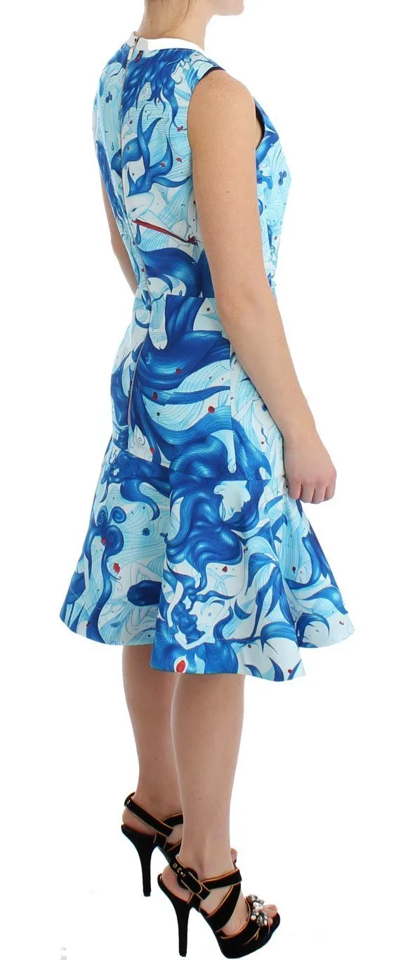 Blue Tempestuous Fresco-Print Fluted Hem Dress