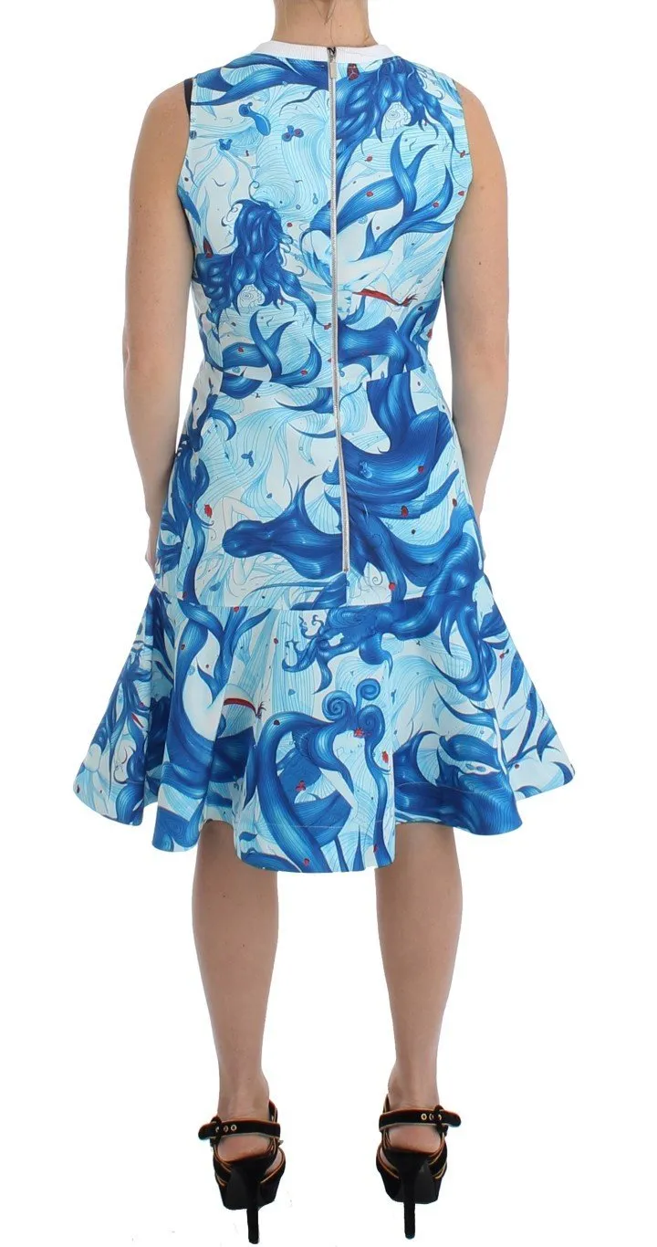 Blue Tempestuous Fresco-Print Fluted Hem Dress