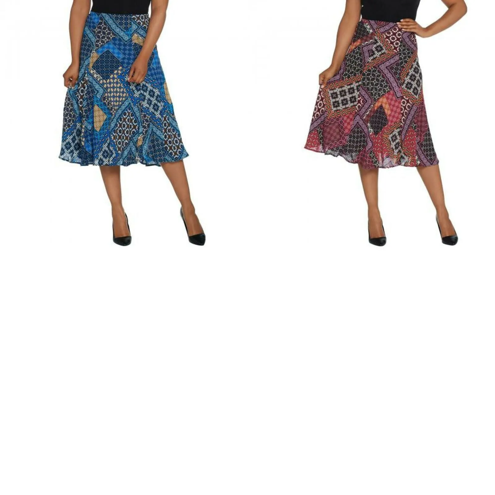 Bob Mackie Women's Patchwork Print Pull-On Woven Midi Skirt
