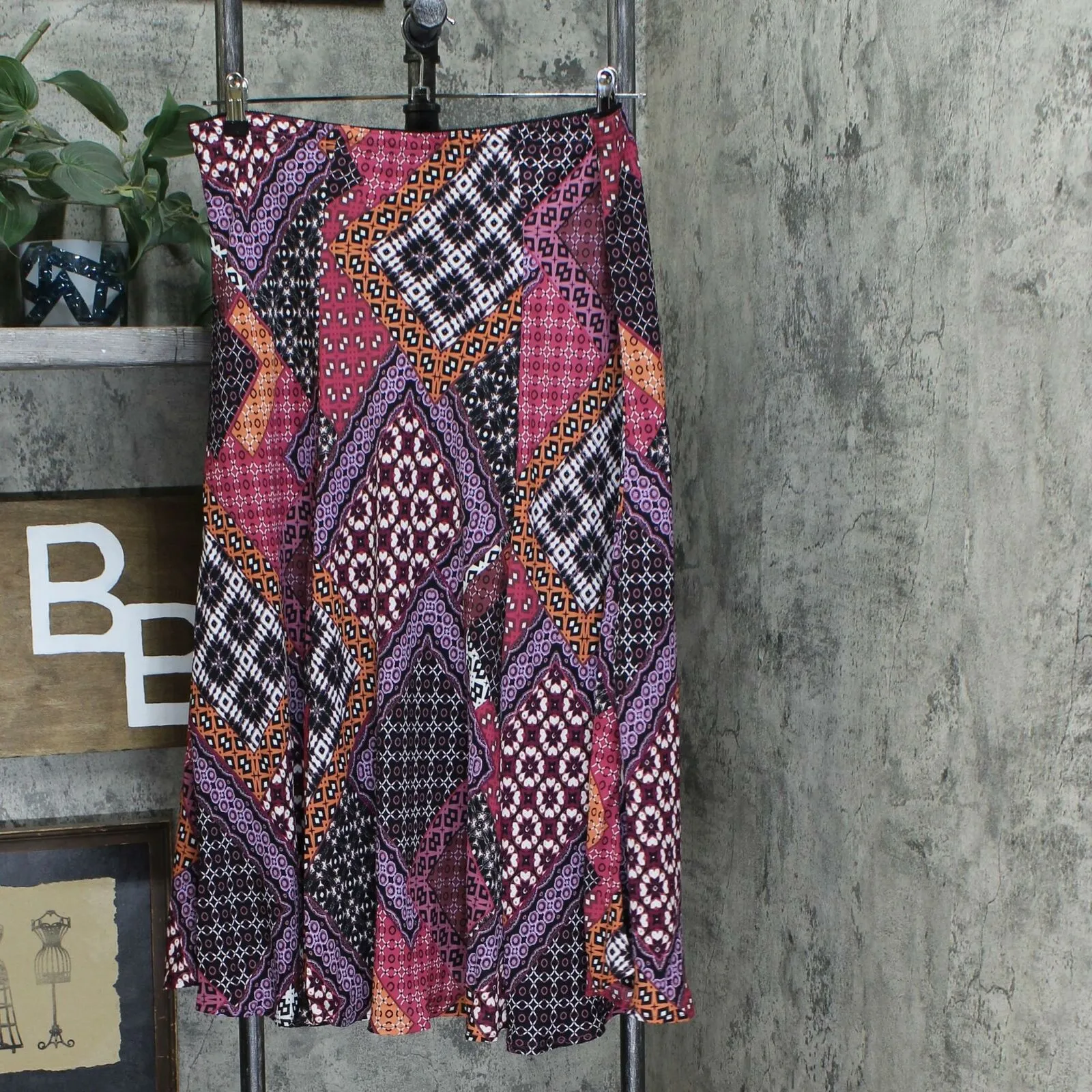 Bob Mackie Women's Patchwork Print Pull-On Woven Midi Skirt